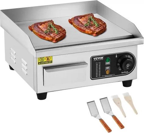 VEVOR Commerciële Elektrische Grill, 2000W, Vlakke Bakplaat voor op het aanrecht, Instelbare Temperatuur van 50-300°C, 36 x 30 x 1cm, RVS Bakplaat met 2 Schepjes en 2 Borstels voor Thuis of Restaurant
