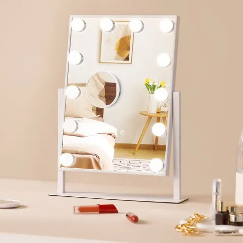 VEVOR Hollywood Vanity Mirror met verlichting, 12 dimbare lampen en 3 kleurstanden, cosmetische spiegel met verwijderbare 5x vergroting, slimme aanraakbediening, 360° rotatie, 410x300mm