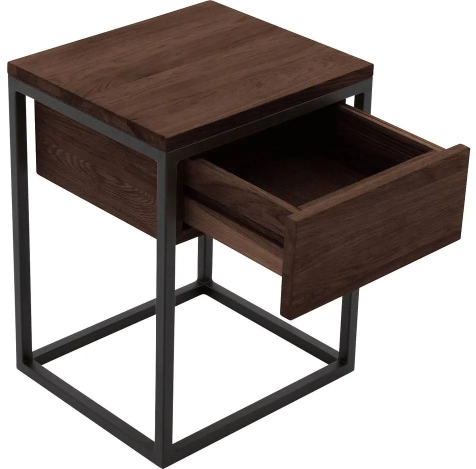 Goossens Nachtkastje Ord, Metaal ral 9005 zwart, met lade en bovenblad massief eik, 40 x 35 x 57 cm hoog