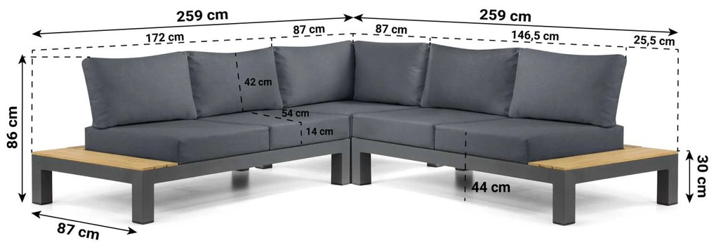 Loungeset 5 personen Aluminium/Teak Grijs Lifestyle Garden Furniture Vittoria