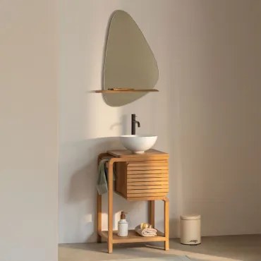 Bradley Teakhouten Badkamermeubelset Rond Wit Keramiek Ø30 Cm Calgari & Onregelmatig Met Houten Plank 55x85 Cm Kai & Zwart ↑30 - Sklum