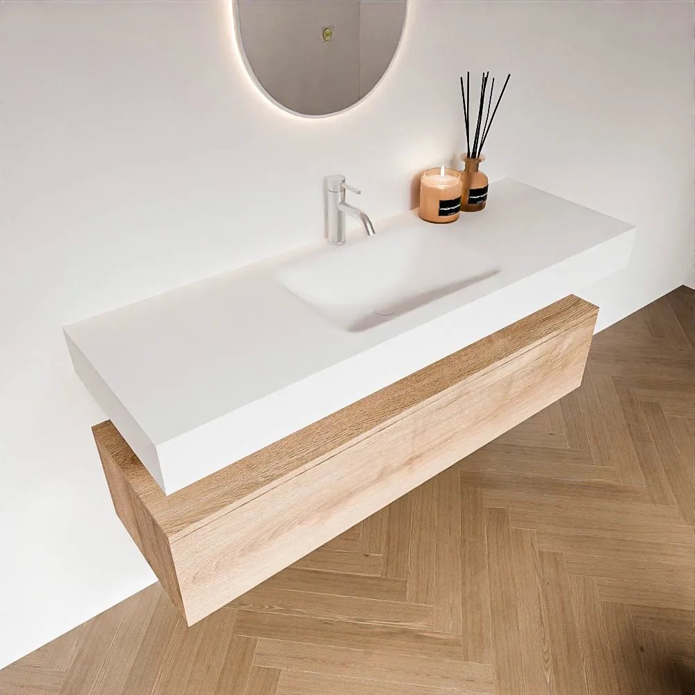 Zaro Alan badmeubel 140cm washed oak 1 lade met vrijhangende wastafel cloud midden 1 kraangat talc