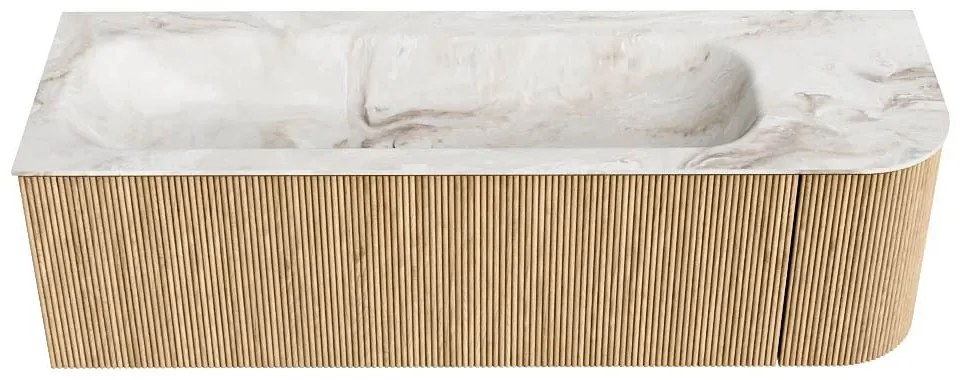 Mondiaz Kurve-dlux 145cm badmeubel ronding rechts oak met 1 lade en deur en wastafel big large links zonder kraangat frappe