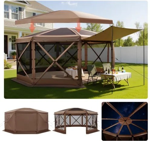 VEVOR Pop-up Paviljoen, 4,57 x 4,57 m, Grote 8-zijdige kampeertent met afneembaar dak en draagtas, feesttent, zonnescherm voor 12-15 personen, voor tuin en terras, bruin