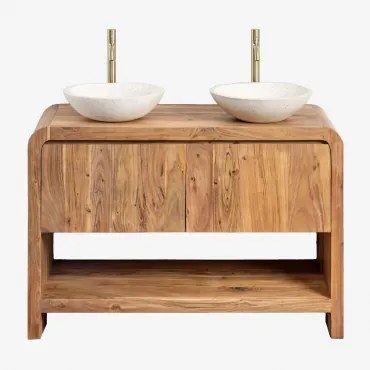 Vacry Houten Badkamermeubelset Acacia Bruin & 2 X Rond Wit Cement Ø40 Cm Zavion & Spiegelloze & ↔︎ 120 Cm & 2 X Geborsteld Goudkleurig ↑ - Sklum