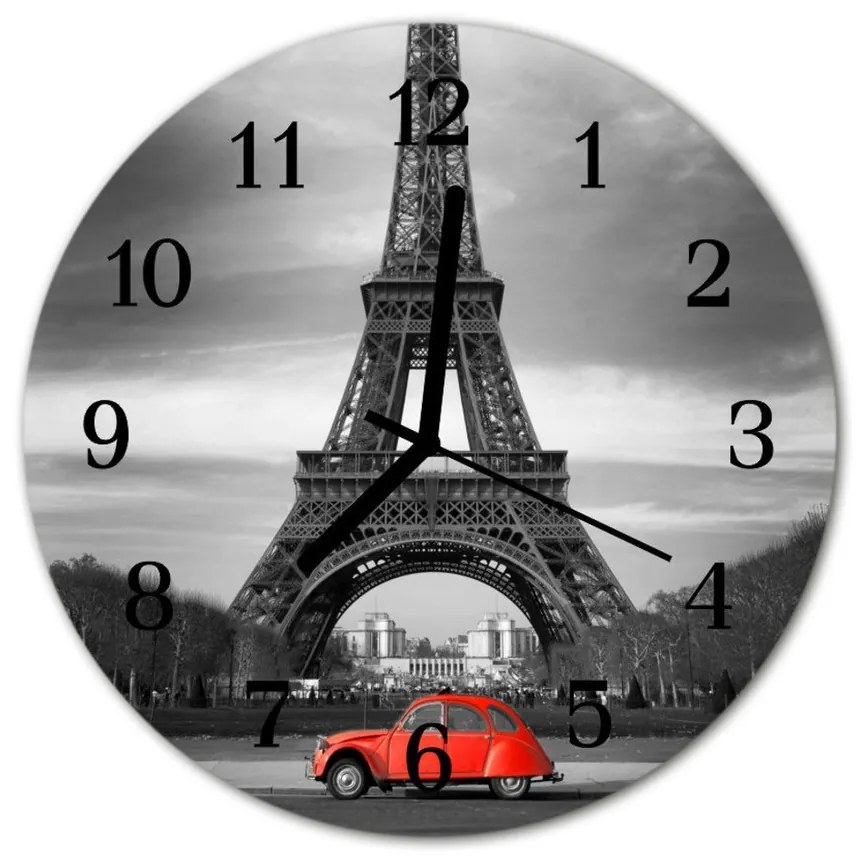 Ronde glazen wandklok Eiffel tower car fi 30 cm