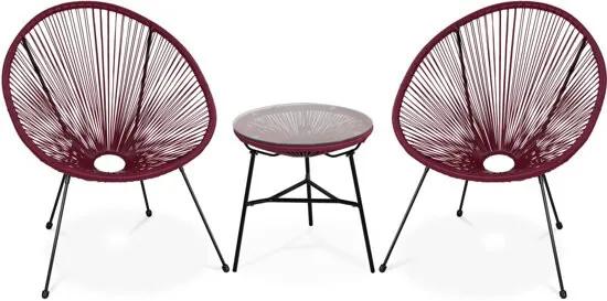 Set van 2 ei-vormige stoelen ACAPULCO met bijzettafel -Bordeaux- Stoelen 4 poten design retro, met lage tafel, plastic koorden