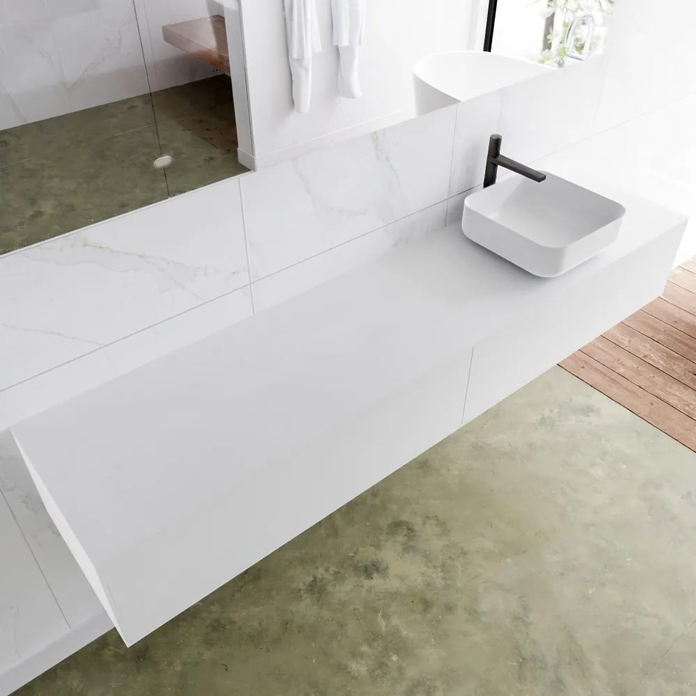 Zaro Lagom volledig naadloos solid surface onderkast met topblad 200cm mat wit met 2 lades Push tot open. Compleet met solid surface opzetkom met 1 kraangat(en)