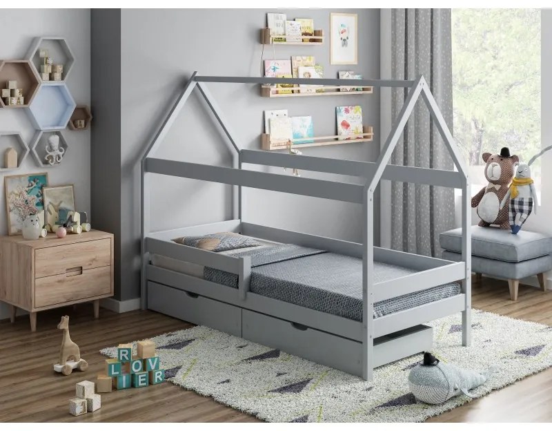 Peuter Grijs Canopy House-vormig eenpersoonsbed - Teddy 5056231746564 Children's Beds Home, 200x90, Twee kleine, Geen Children's Beds Home Dennenhout