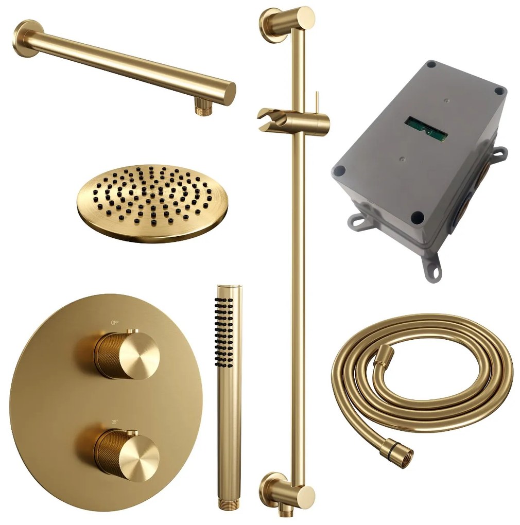 Brauer Gold Carving thermostatische inbouw regendouche met staafhanddouche, rechte muurarm, glijstang en hoofddouche 20cm set 85 messing geborsteld PVD