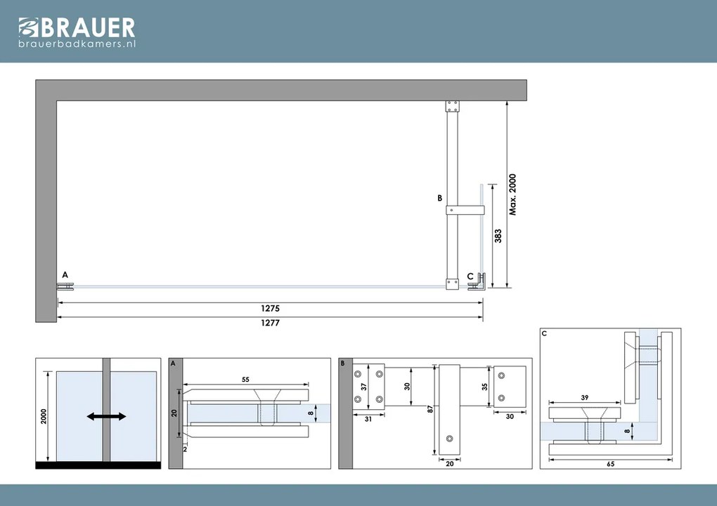 Brauer Void profielloze inloopdouche 130cm met 40cm zijwand messing geborsteld PVD