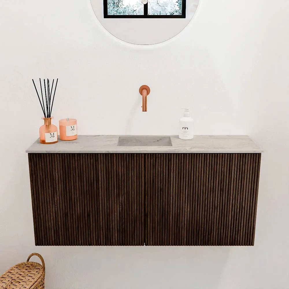 Mondiaz Joya DLux 90cm toiletmeubel walnut met wastafel faye midden zonder kraangat glace