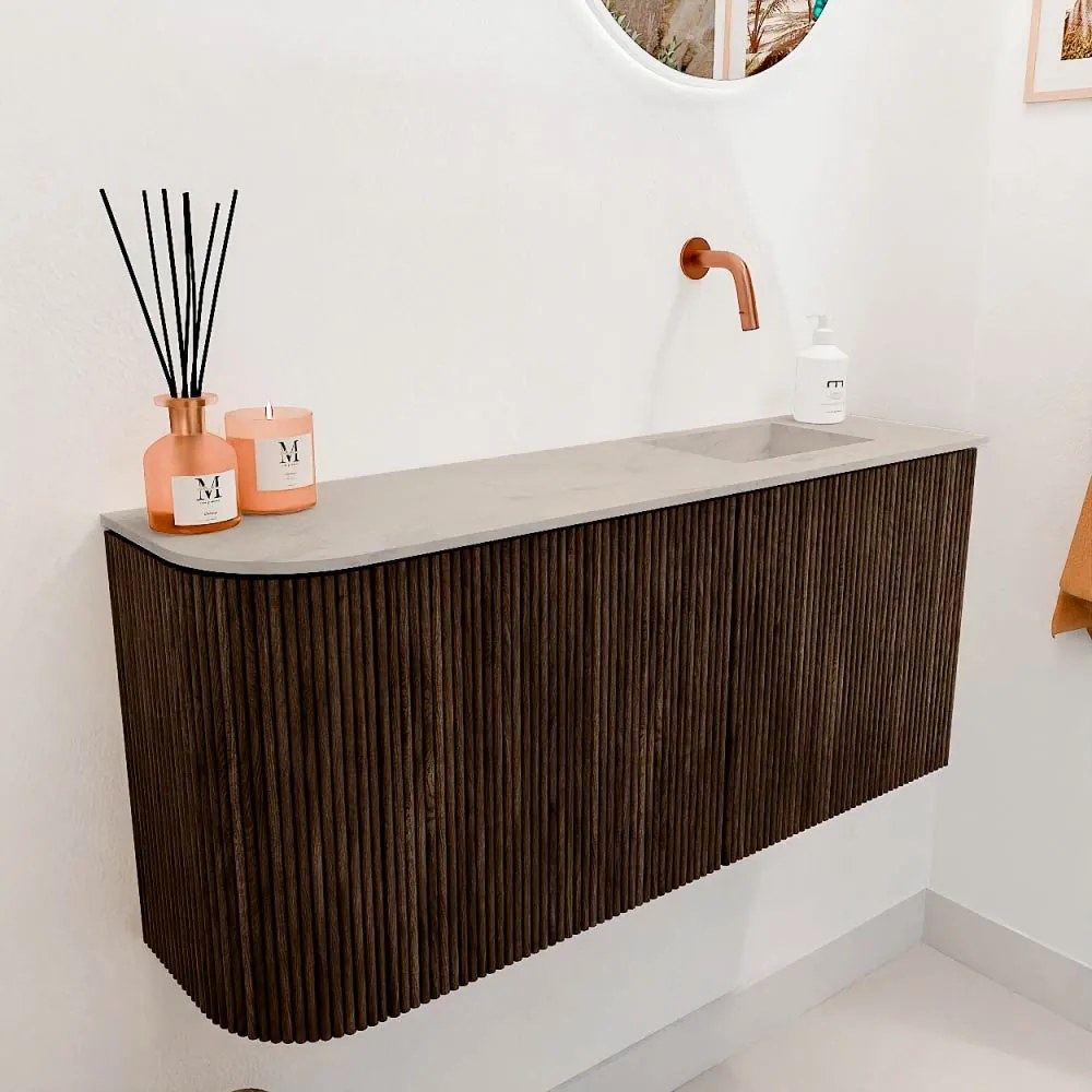 Mondiaz Joya DLux 90cm toiletmeubel ronding links walnut met wastafel faye rechts zonder kraangat opalo