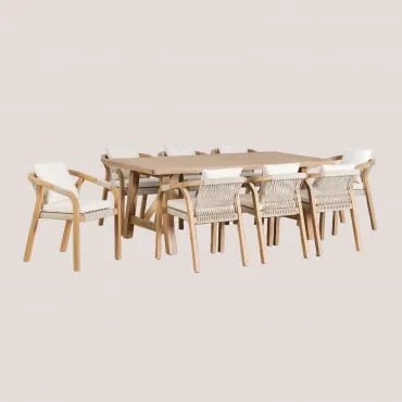 Rechthoekige Eettafelset 200x100 Cm Met 8 Acaciahouten Eetkamerstoelen Dubai Stof Gardenia Wit & Rustiek Acaciabruin - Sklum