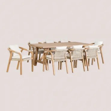 Rechthoekige Tafelset 200x100 Cm En 8 Eetkamerstoelen Van Acaciahout Dubai Gardenia Wit & Rustiek Acaciabruin - Sklum