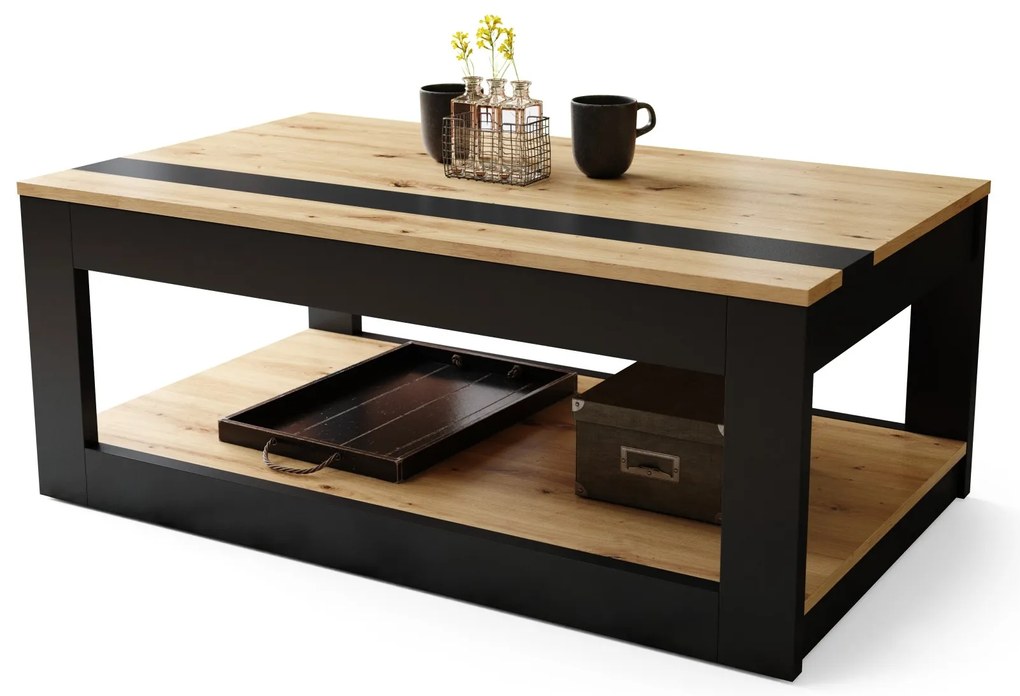 LUSSO Artisan Eik/Zwart mat - MODERNE SALONTAFEL MET VERHOOGD BLAD + OPBERGRUIMTE + SCHAP (OP WIELEN!)