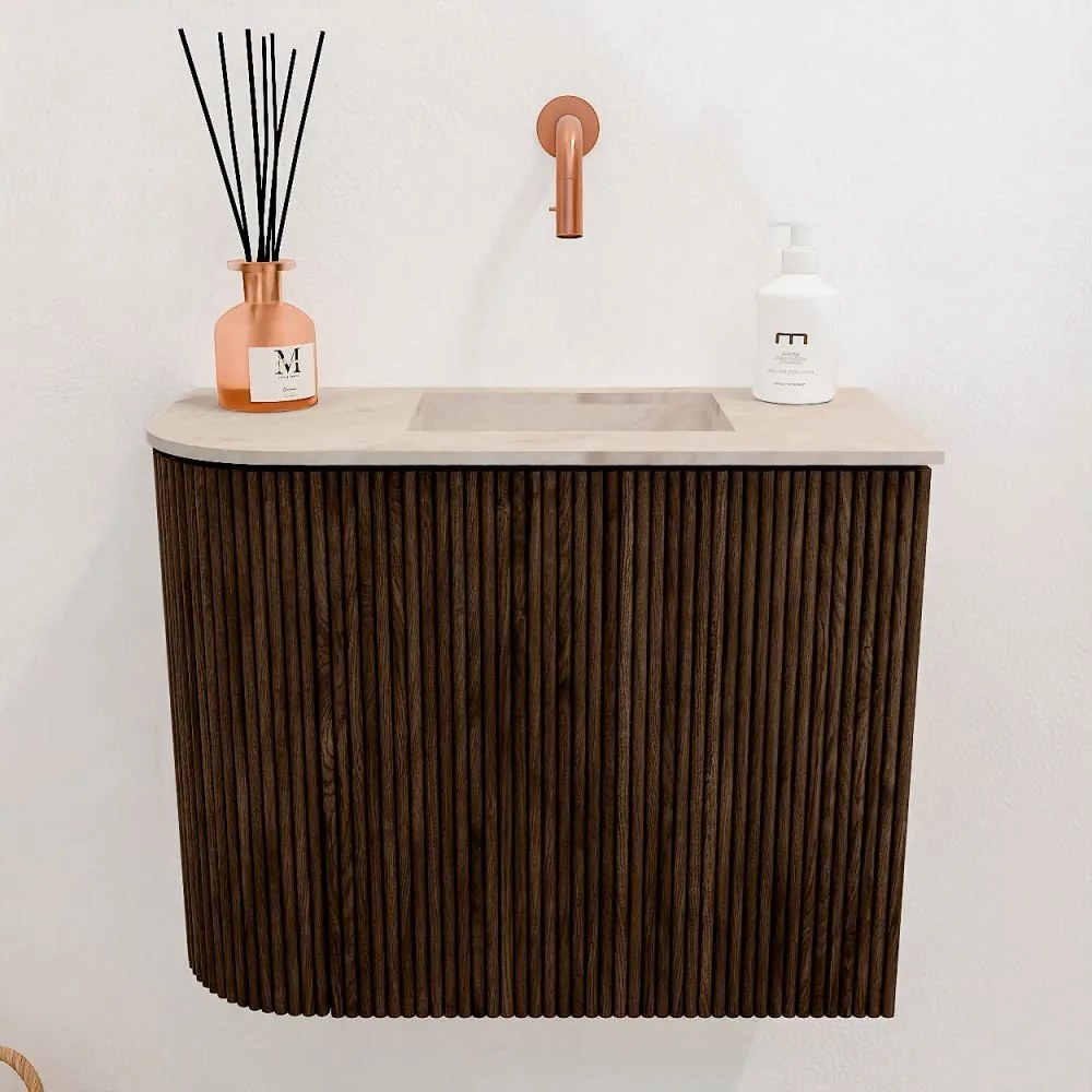 Mondiaz Joya DLux 50cm toiletmeubel ronding links walnut met wastafel faye rechts zonder kraangat frappe