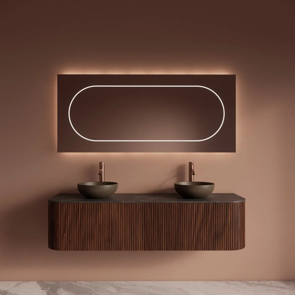 Gliss Design Alluro badmeubel ribbelfront met ronding links/rechts 160cm walnut en zwart leisteen toppaneel