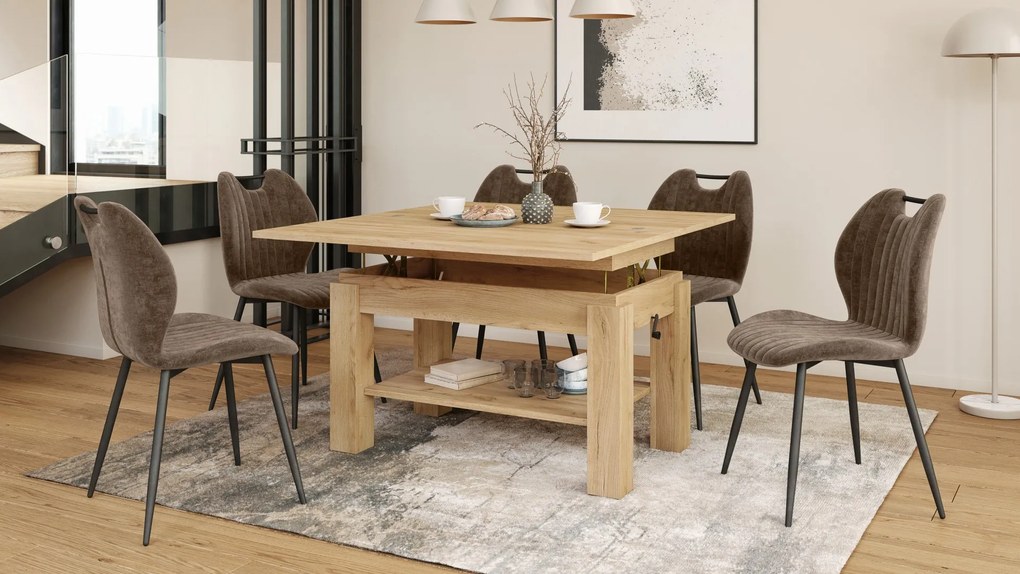 BRAVO goud eiken – uitschuifbare en in hoogte verstelbare salontafel, tafel met plank