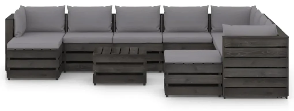 vidaXL 11-delige Loungeset met kussens grijs geïmpregneerd hout