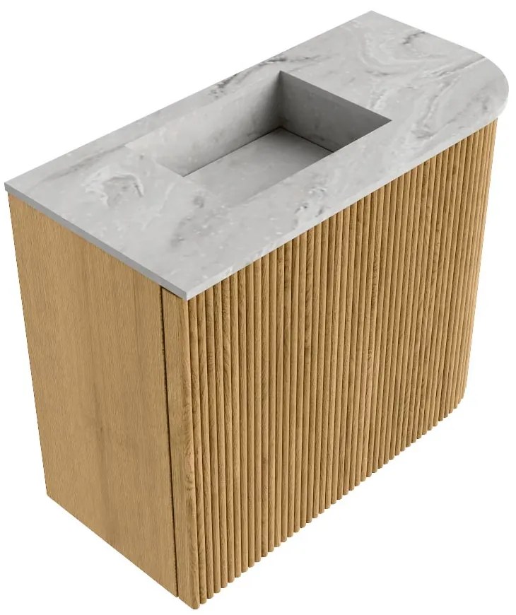 Mondiaz Joya DLux 50cm toiletmeubel ronding rechts oak met wastafel faye links zonder kraangat glace