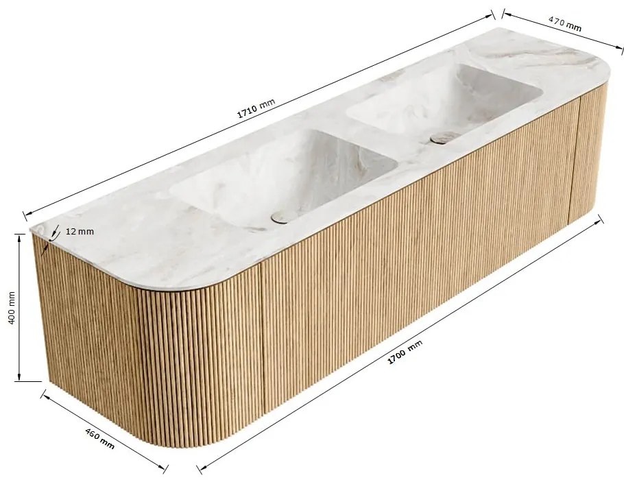 Mondiaz Kurve-dlux 170cm badmeubel ronding links/rechts oak met 1 lade en 2 deuren en wastafel leaf dubbel 2 kraangaten ostra
