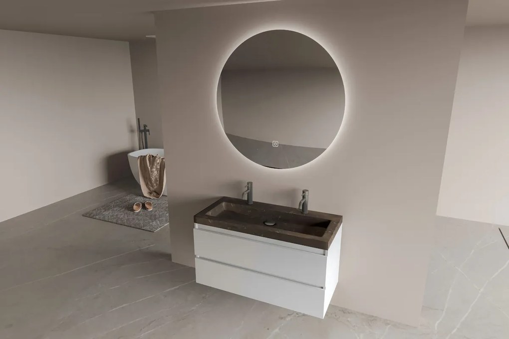 Fontana Freestone badkamermeubel mat wit 100cm met natuurstenen wastafel 2 kraangaten en ronde spiegel
