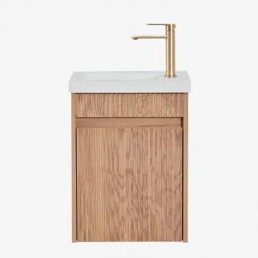 Narek Zwevend Houten Badkamermeubelset Met Geïntegreerde Wastafel Ash Brown & Spiegelloze & Geborsteld Goudkleurig ?20 Cm Met Aftapkraan - Sklum