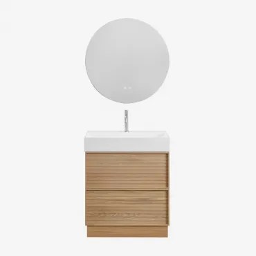 Jolene Houten Badkamermeubelset Met Geïntegreerde Wastafel Natuurlijk Hout & Round Led And Antifog Ø70 Cm Solyn & Geborsteld - Sklum