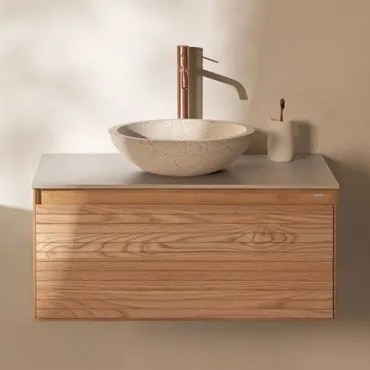 Tedrik Zwevend Badkamermeubelset Van Essenhout Ash Brown & Rond Cement Wit Ø40 Cm Zavion & Spiegelloze & Roségoud Geborsteld - Sklum