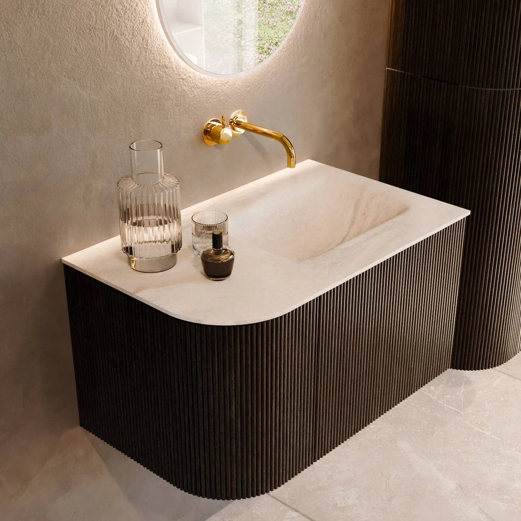 Mondiaz Kurve-dlux 75cm badmeubel ronding links shadow met 1 lade en deur en wastafel grunne rechts zonder kraangat ostra