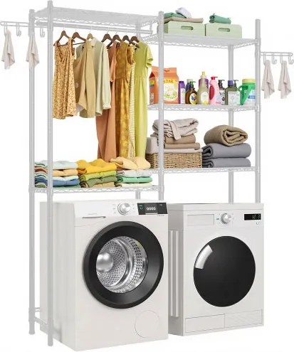 VEVOR Opbergrek voor wasmachine en droger, 5-laags droogrek met kledingstang en haken, tweelaags en verstelbare planken voor wasmachine voor opslag en organisatie, wit