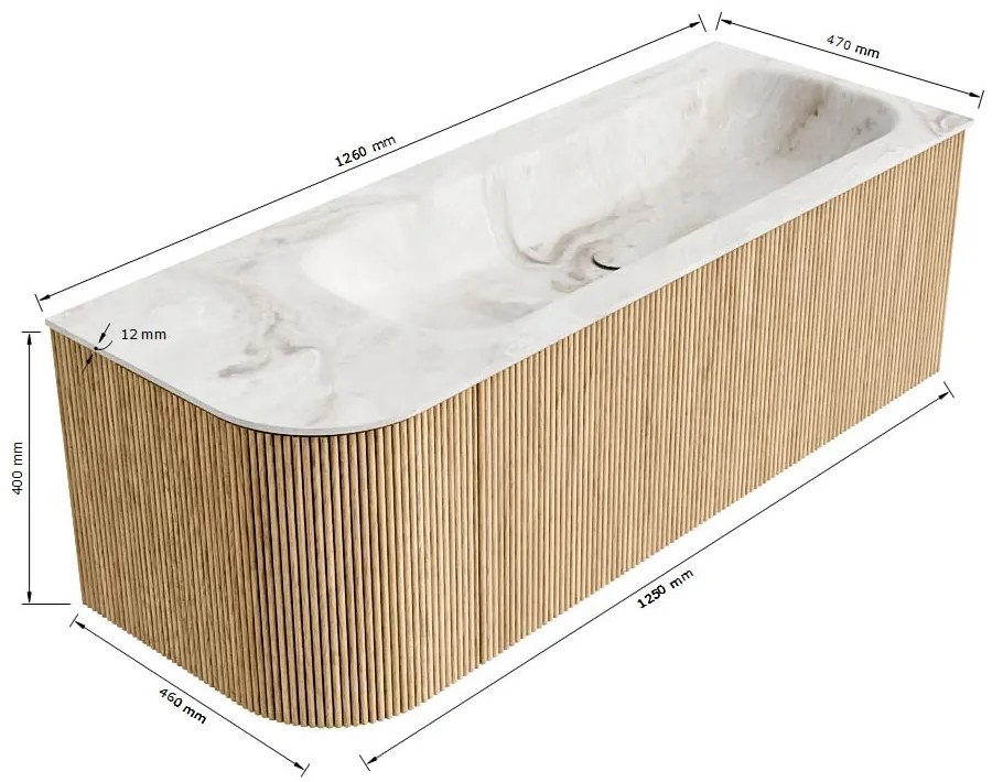 Mondiaz Kurve-dlux 125cm badmeubel ronding links shadow met 1 lade en deur en wastafel big medium kraangat rechts glace