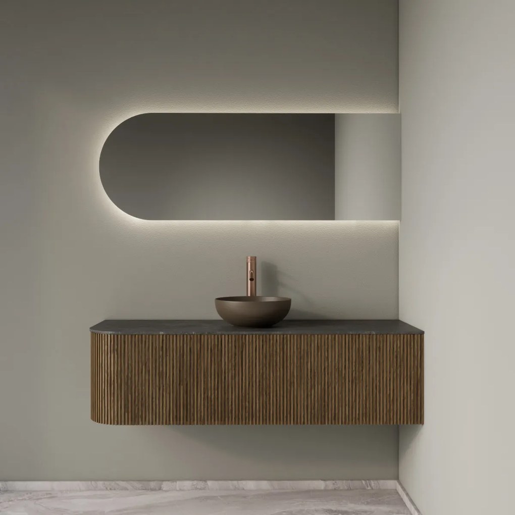Gliss Design Alluro badmeubel ribbelfront met ronding links 140cm castle brown en zwart leisteen toppaneel