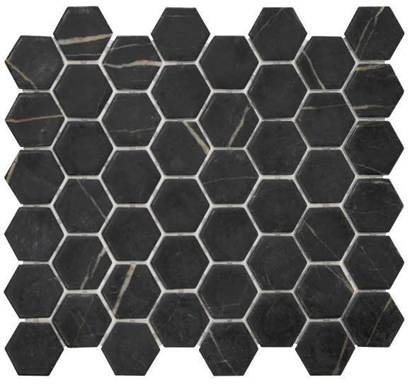 The Mosaic Factory Valencia mozaïektegel - 27.6x32.9cm - wand en vloertegel - Zeshoek/Hexagon - Gerecycled glas Nero Marble Print Mat VAL95M