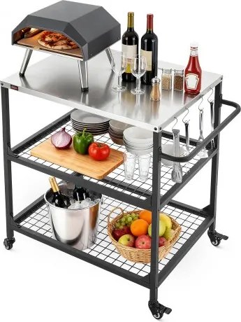 VEVOR Outdoor Grillwagen 80x61 cm (tafelbladformaat), verrijdbare grilltafel met zijhandgreep, 2 gaasplanken en 4 wielen, grillvoorbereidingstafel, serveerwagen voor picknick, keuken en tuin