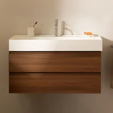 Badkamermeubelset Van Hout En Essenhoutfineer Met Geïntegreerde Wastafel Ona Donker Hout & Spiegelloze & Geborsteld Grijs ↑20 - Sklum