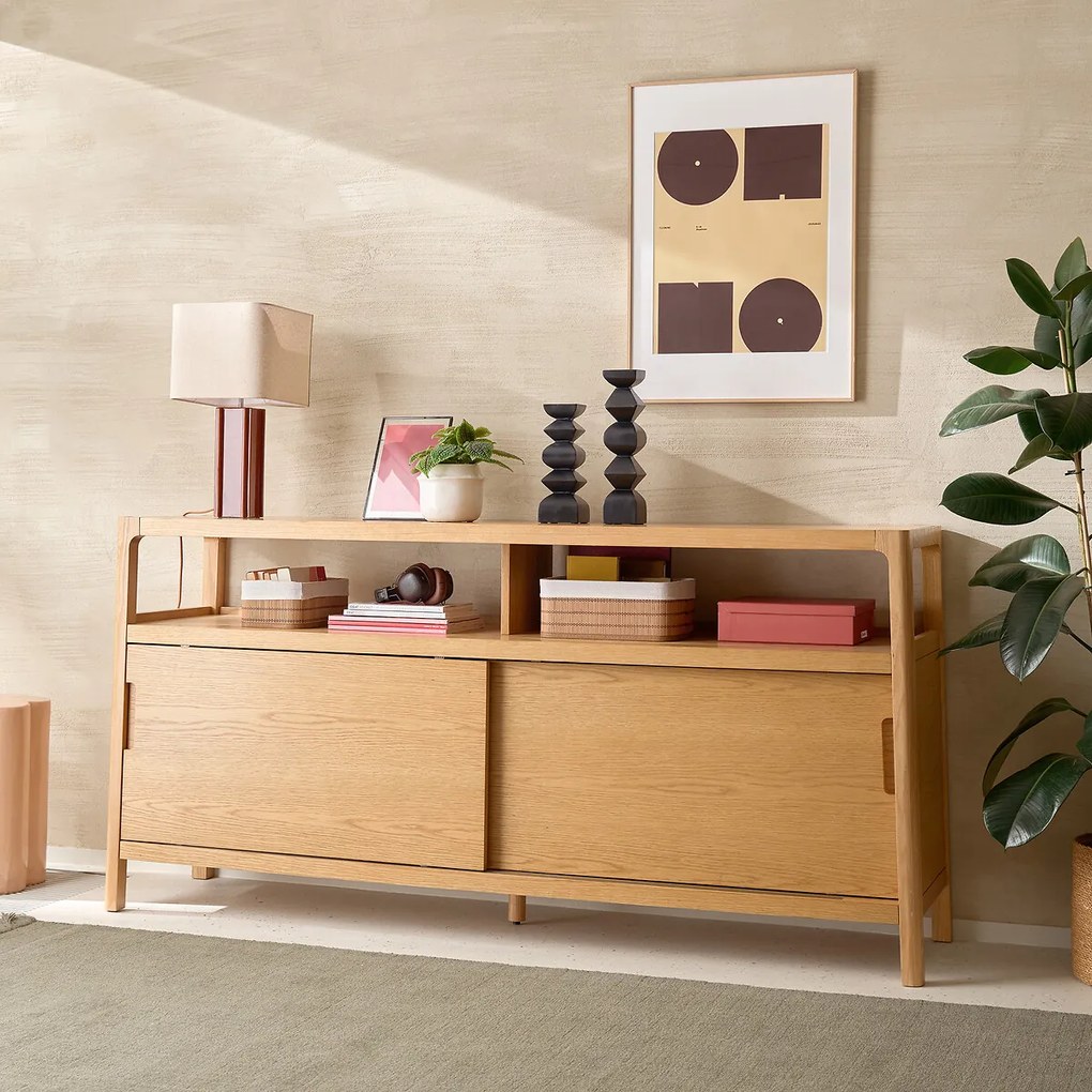 Laag dressoir in massief essen met eikenfineer, 2 deuren, 1 nis, TRESS