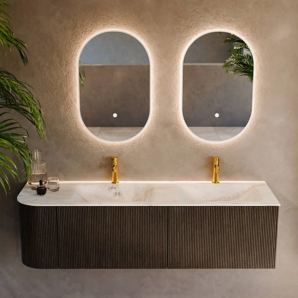 Mondiaz Kurve-dlux 155cm badmeubel ronding links shadow met 2 lades en 1 deur en wastafel leaf dubbel/rechts 2 kraangaten opalo