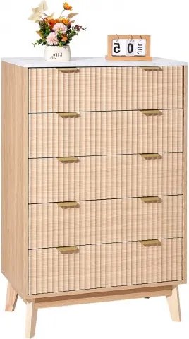 VEVOR ladekast met 5 gecanneleerde lades, houten ladekast met schuif- en kantelbeveiliging, moderne minimalistische retro ladekastorganizer voor woonkamer, slaapkamer, gang (licht hout)