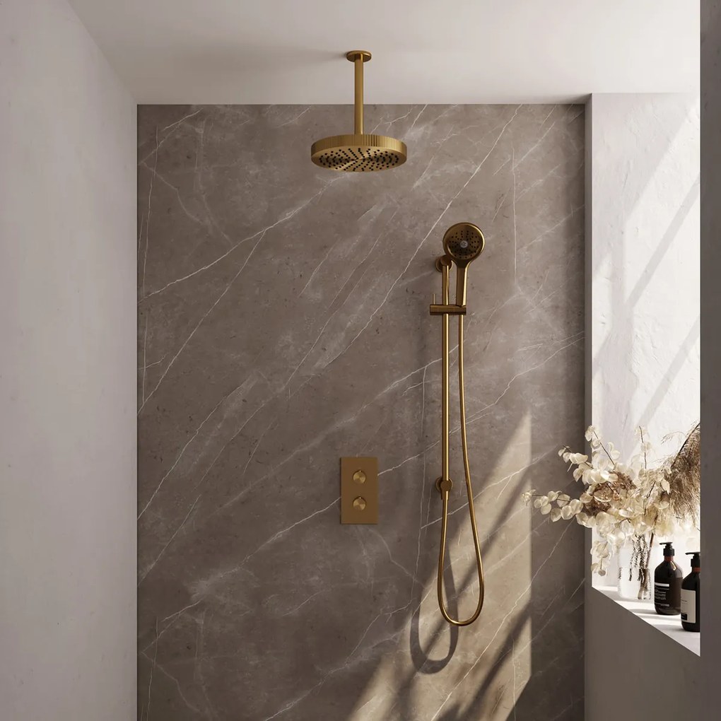 Brauer Stripe inbouw regendouche met 25cm hoofddouche, met plafondarm, glijstang en 3 standen handdouche set 24 messing geborsteld PVD