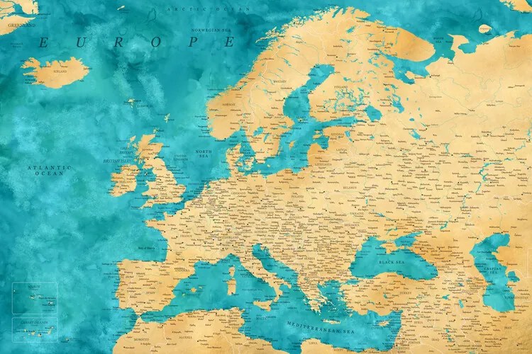 Kaart Detailed map of Europe in gold and teal watercolor, Blursbyai