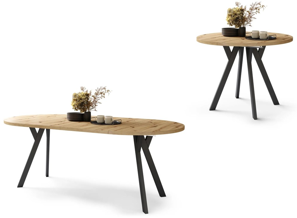 ALMO 100 Eiken Artisan/Zwarte poten - RONDE LOFT/INDUSTRIËLE TAFEL VOOR WOONKAMER/EETKAMER, UITSCHUIFBAAR