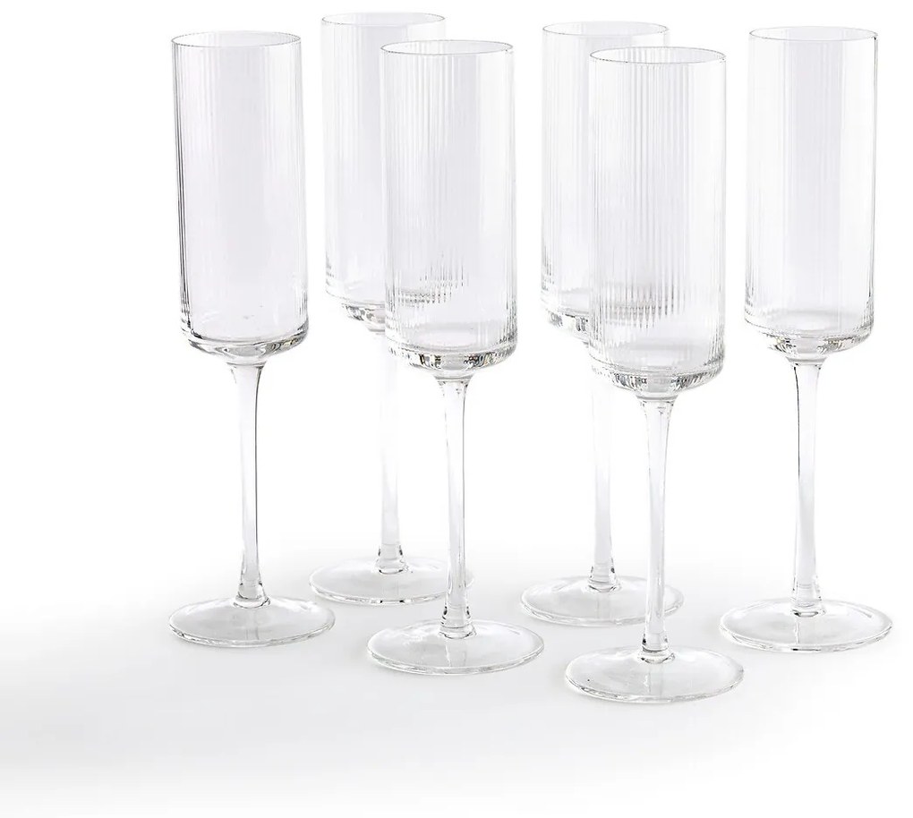 Set van 6 champagneglazen in geribbeld glas, Stria