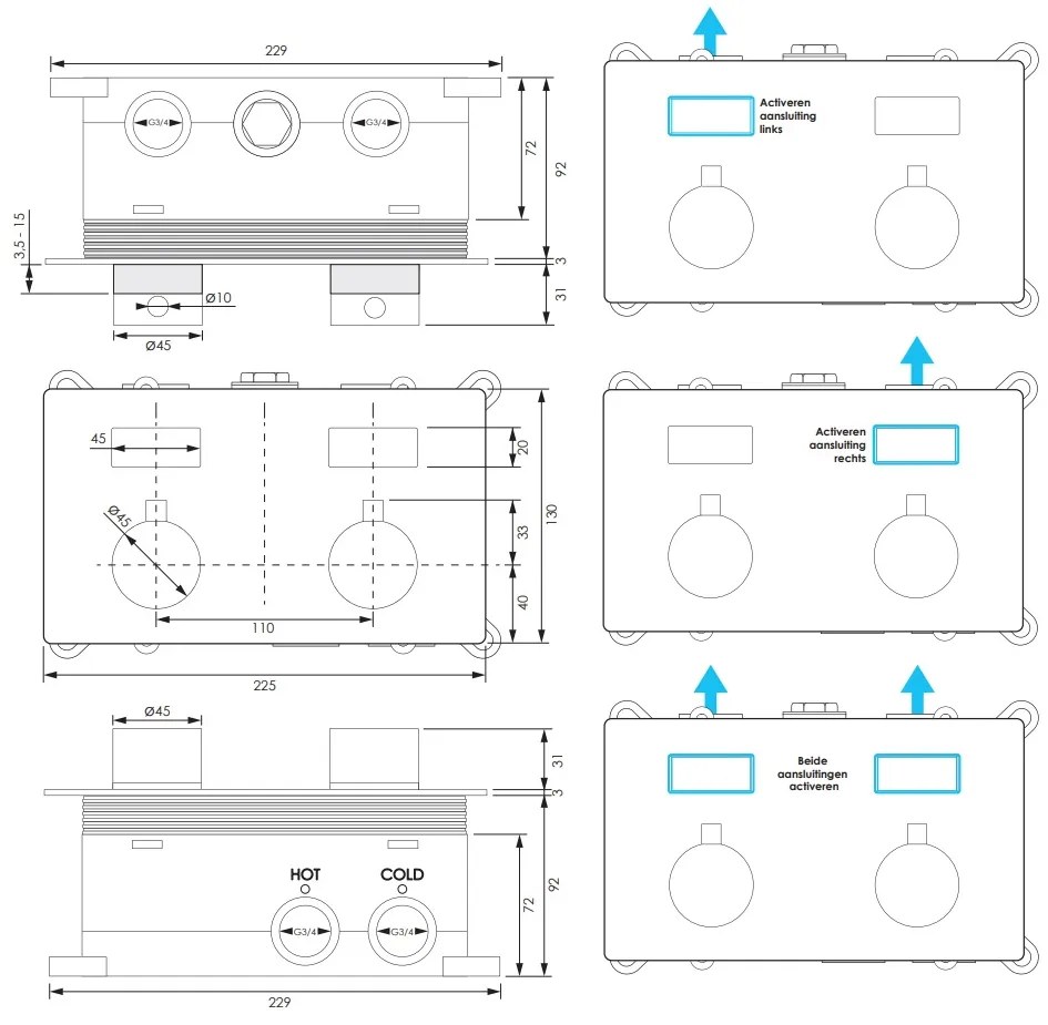 Brauer Brushed Edition thermostatische inbouw regendouche met 3 standen handdouche, plafondarm, glijstang en hoofddouche 30cm set 72 RVS geborsteld PVD