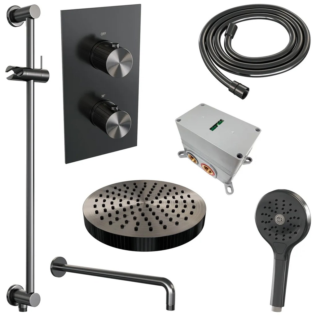 Brauer Stripe inbouw regendouche met 25cm hoofddouche, met gebogen muurarm, glijstang en 3 standen handdouche set 23 gunmetal geborsteld PVD