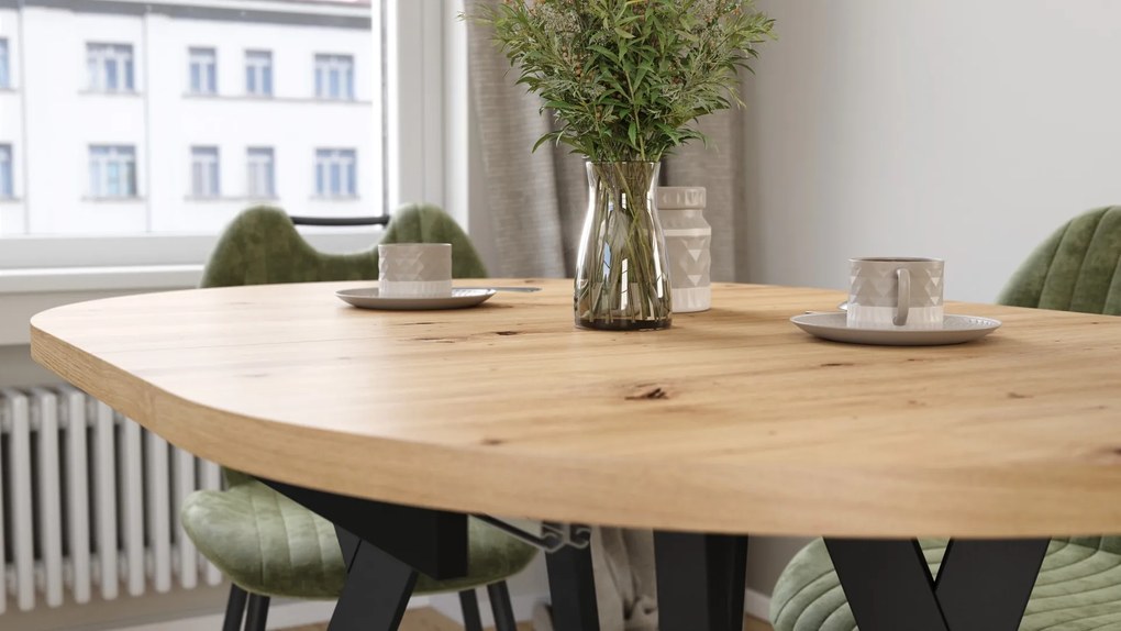 Mazzoni ALMO Artisan Eiken / zwarte poten - OVALE UITSCHUIFTAFEL 120-220 cm VOOR 10-12 PERSONEN