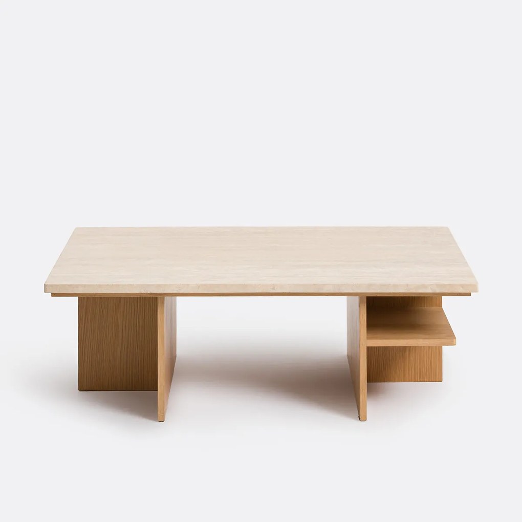 Salontafel XL, travertin en eikenfineer, 120 cm breed, CALISTE