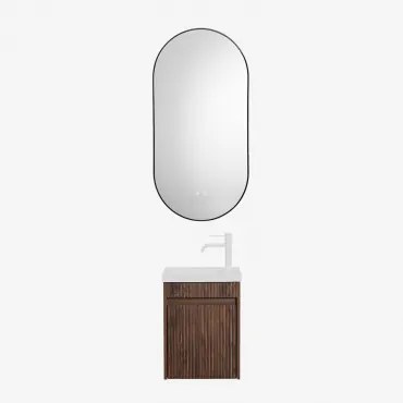 Narek Zwevend Houten Badkamermeubelset Met Geïntegreerde Wastafel Wit ↑20 Cm Met Aftapkraan Zonder Overloop Orveta & Donker Hout & Ovale Led En Antico