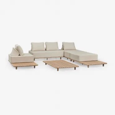 Woonkamerset Met 3-delige Modulaire Bank, Chaise Longue, Bijzettafel, Fauteuil En Salontafel 160x95 Cm In Portet Acacia Gardenia Wit - Sklum